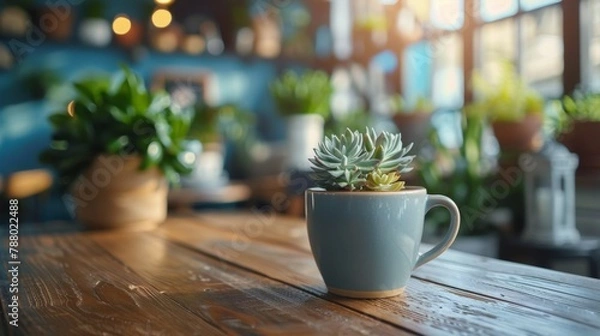 Fototapeta A small succulent plant in a coffee cup on top of wooden table, AI