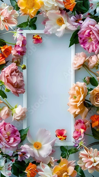 Fototapeta Beautiful frame of bright lush painted flowers on a white background with a white rectangle in the center. 