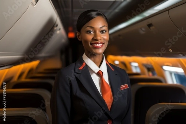 Fototapeta Portrait of an African American stewardess in the airplane cabin