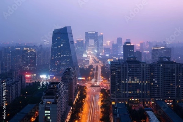 Obraz Panoramic Night View of City From Buildings Rooftop, Beijingâ€™s skyline with recognizable CCTV Headquarters, AI Generated