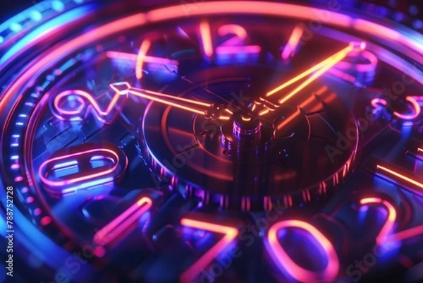 Fototapeta Closeup of a clock with neon lights.