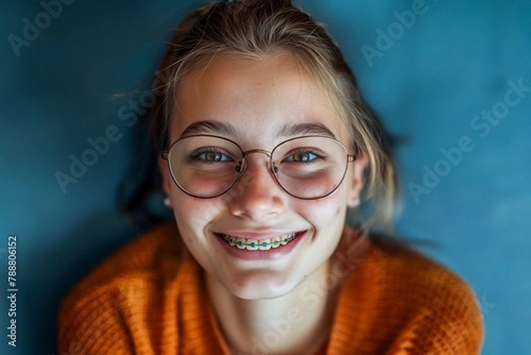 Fototapeta AI generated illustration of a teen girl with braces, glasses, and hot dog