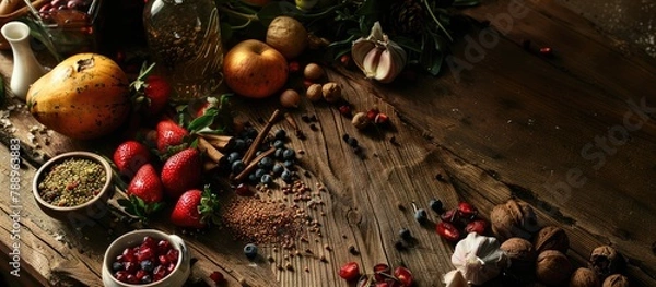 Fototapeta Close-up photograph of food ingredients on the oak table