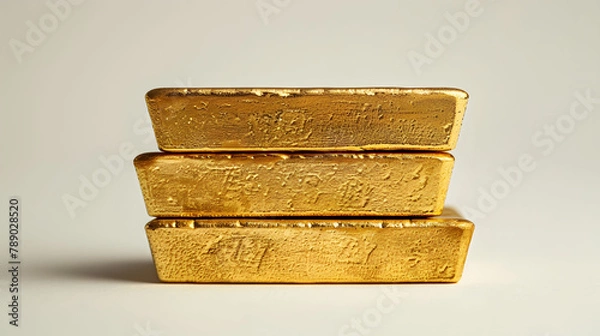 Fototapeta Capture the allure of gold bars in a realistic photograph against a clean white backdrop, illuminated with focused lighting.