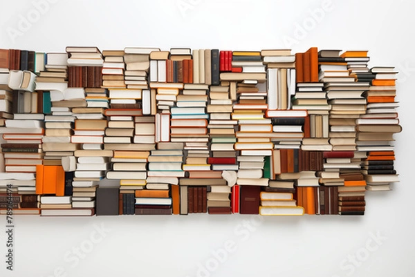 Fototapeta Books on white background. Topics related to books. Sale of books. Library. Book news. Book fair. Image of books for graphic designers. Isolated books. Live stores. Top view.