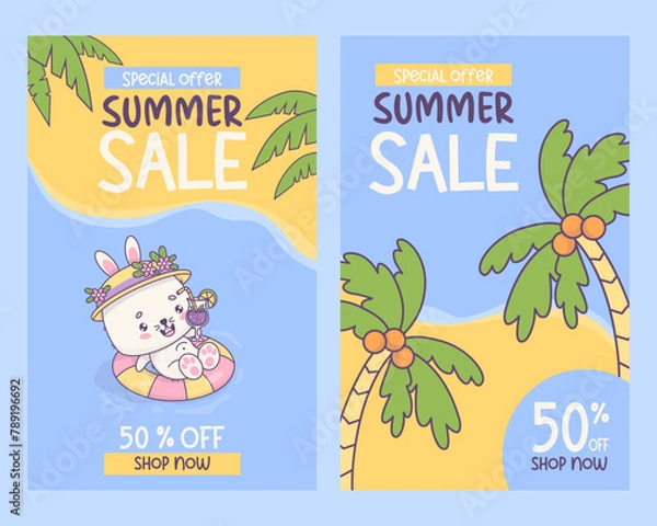 Fototapeta Poster summer sale discount. Happy bunny with cocktail swims on rubber circle under tropical palm leaves. Funny cartoon kawaii animal character. Vector illustration. Isolated vertical gift cards.