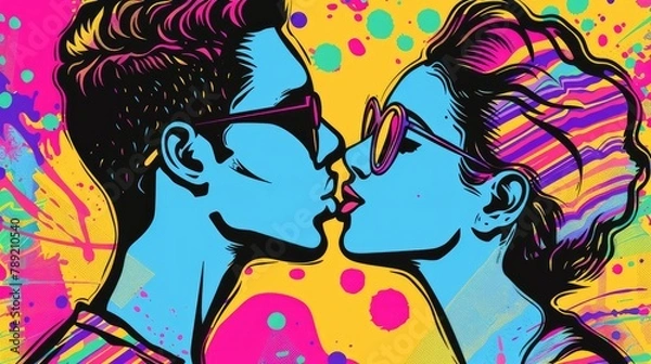 Fototapeta romantic kiss between man and woman colorful illustration