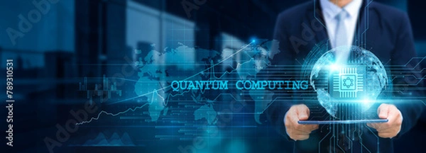 Fototapeta Quantum Computing, revolutionizing technology, Businessman use tablet and leverage quantum computing with structure of quantum bits on network for working in the futuristic artificial intelligence.