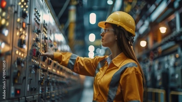 Fototapeta A woman in a hard hat and safety glasses operating an industrial control panel, AI