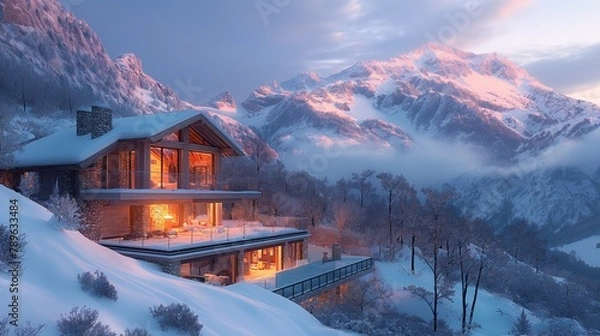 Fototapeta Contemporary Mountain Lodge at Winter Dawn