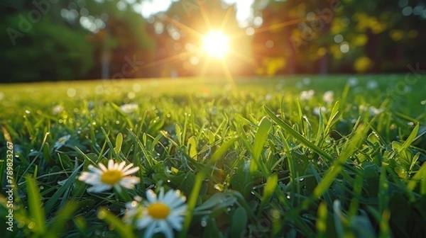 Fototapeta   A field of grass teeming with daisies in the foreground, sun gleans through the tree canopy in the background