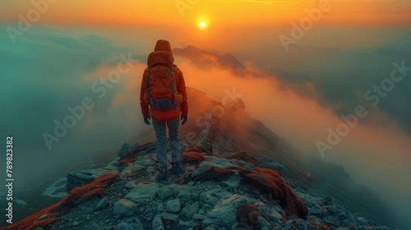 Fototapeta   A man atop a mountain, silhouetted against a sunset backdrop, carries a backpack