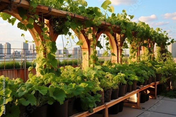 Fototapeta Urban Rooftop Pergolas: Tailored Ideas for Vertical Rooftop Gardening with Climbing Vines