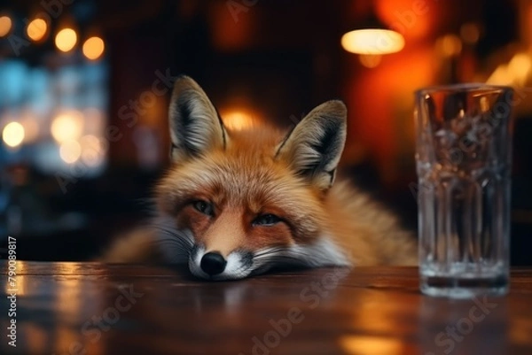 Fototapeta Drinking fox with alcohol in a pub.