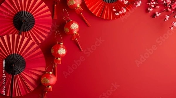 Fototapeta A red background with paper fans and lanterns is used in this banner backdrop template to celebrate the Chinese New Year.