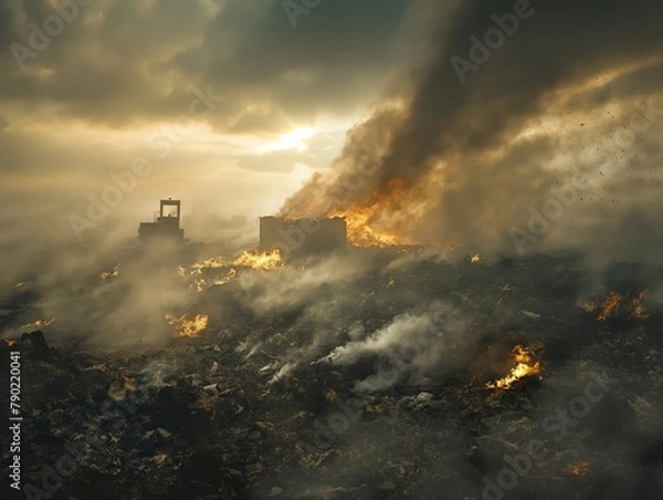 Fototapeta A fire is burning in a field with a large truck in the background. The sky is cloudy and the sun is setting