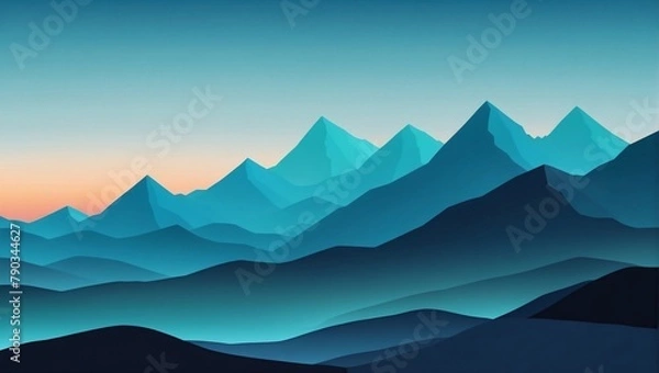 Fototapeta Abstract minimalistic background with mountains and hills at sunset or sunrise in blue and turquoise tones.