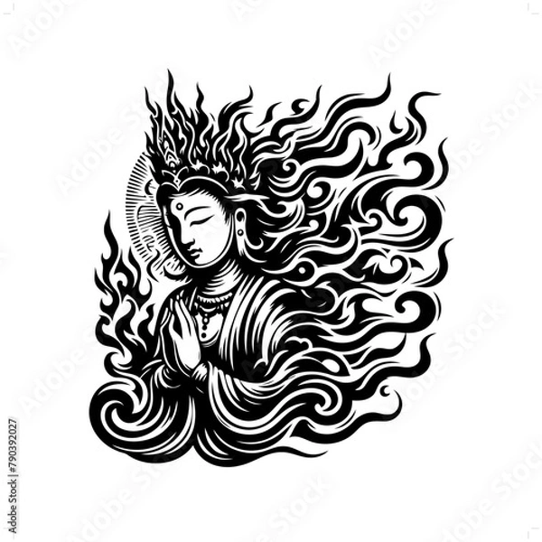 Fototapeta guan yin; deity mythology in modern tribal tattoo, abstract line art of deity, minimalist contour. Vector