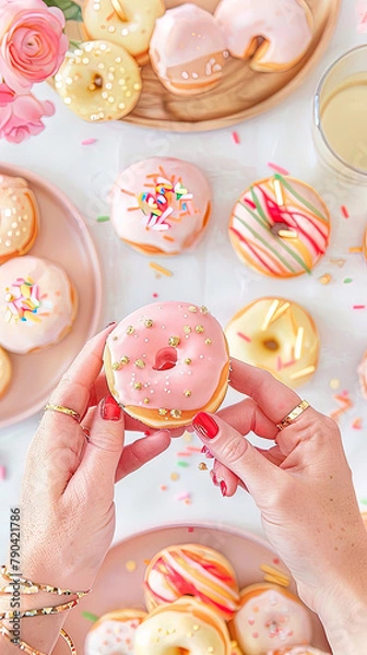 Fototapeta Hands with red nails, holding one pink donut, with a white table background and some donuts.