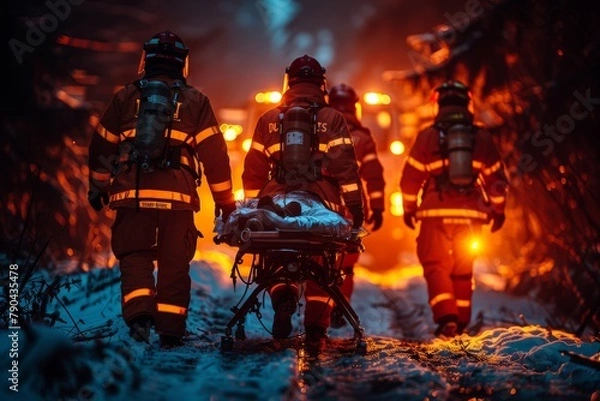 Fototapeta Brave firefighters in action on a snowy night, rescuing a patient, showcasing courage and teamwork