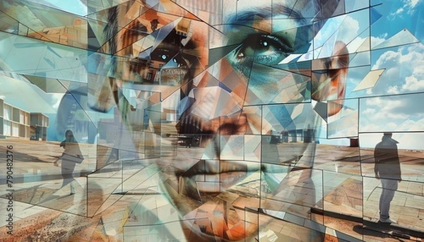 Fototapeta Illustrate a depiction of Cubism meeting augmented reality through glitch art, utilizing an unexpected camera angle for a truly avant-garde approach