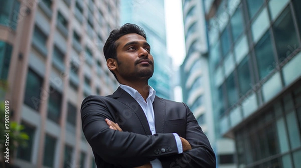 Fototapeta Confident rich eastern indian business man executive standing in modern big city looking and dreaming of future business success, thinking of new goals, business vision and leadership concept.