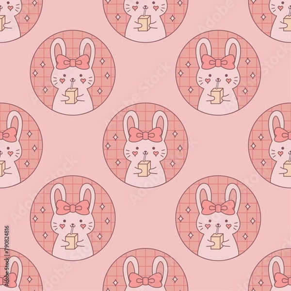 Fototapeta Seamless pattern of cute bunny with juice. Rabbit with a bow. Vector illustration made in pink colors on a background of stars