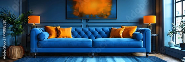 Fototapeta Deep Blue and Indigo Living Space: Modern Furniture, Vibrant Colors, and Cosy Atmosphere