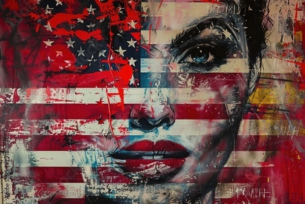 Fototapeta Abstract painting illustration of woman face with american flag