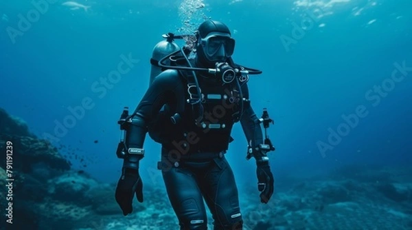 Fototapeta An exoskeleton suit designed for underwater use allowing divers to stay submerged for longer periods of time and move with greater ease. .