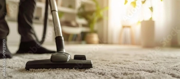 Fototapeta A person diligently cleaning the carpet with a vacuum cleaner, removing dirt and dust particles effortlessly