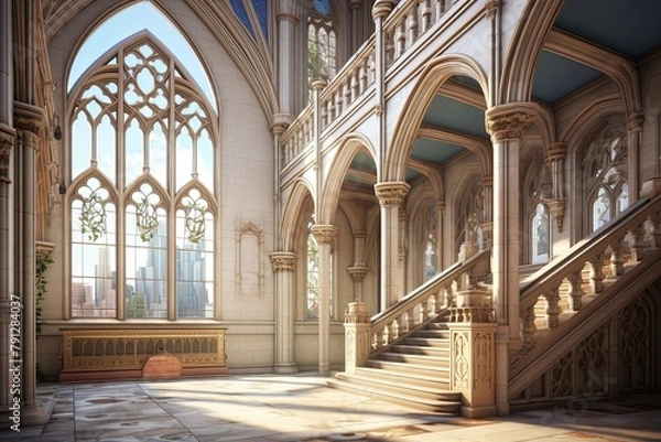 Fototapeta Neo-Gothic Castle Foyer Concepts: Clerestory Windows Parapet Indoor Views