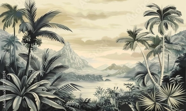 Fototapeta Tropical Exotic Landscape Wallpaper. Hand Drawn Design. Luxury Wall Mural, Generative AI