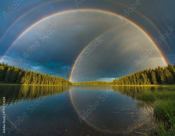 Fototapeta Capture the beauty of a double rainbow arching over a serene lake after a summer shower.
