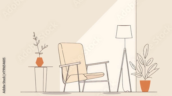 Fototapeta Continuous line drawing of an interior with an armchair and a plant, a table and a lamp. Vector flat simple illustration