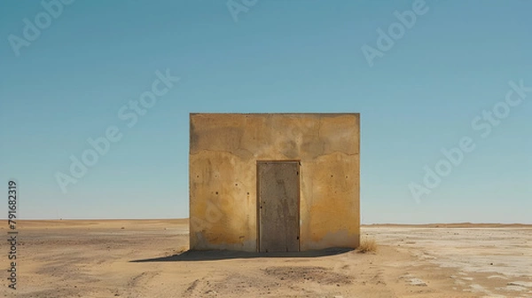 Fototapeta A mysterious photo of a door in the middle of a desert, with no visible walls or buildings around, taken from a low angle for a surreal perspective.


