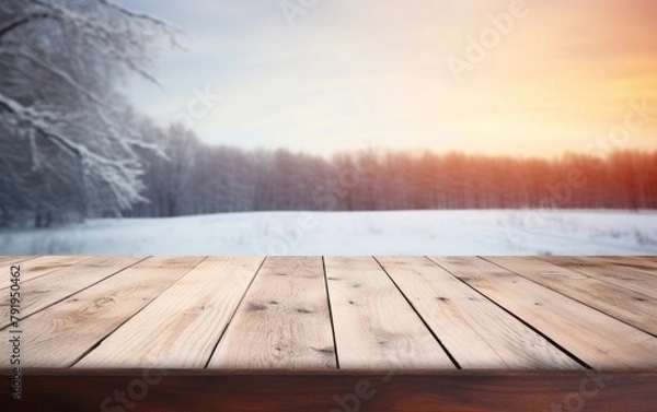 Obraz wooden table place of snow and trees of snow place 