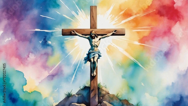 Fototapeta Depiction of the Cross of Jesus Christ against a vibrant watercolor backdrop, beautifully illustrated.