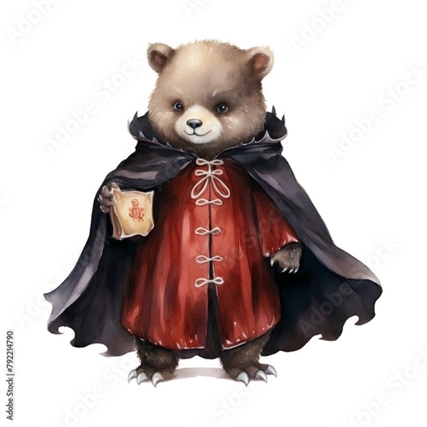 Fototapeta Cute bear in a red cloak. Watercolor illustration isolated on white background.