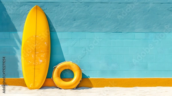 Fototapeta View of a yellow rubber ring and surfboard on the white sand beach with azure wall. Summer vacation concepts.