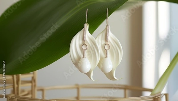 Fototapeta Chic and sophisticated pearl earrings featuring creamy white anthurium flowers, presented on a soft velvet cushion for a timeless advertisement