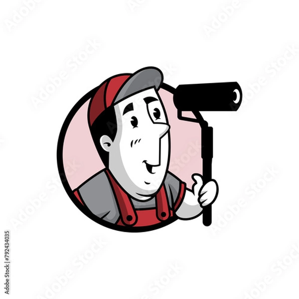 Fototapeta character of a handyman holding a paint roller tool for badge, emblem version.