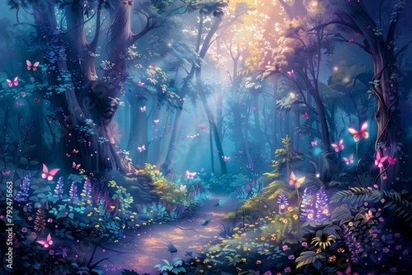 Fototapeta illustration of a magical forest with colorful butterflies and plants