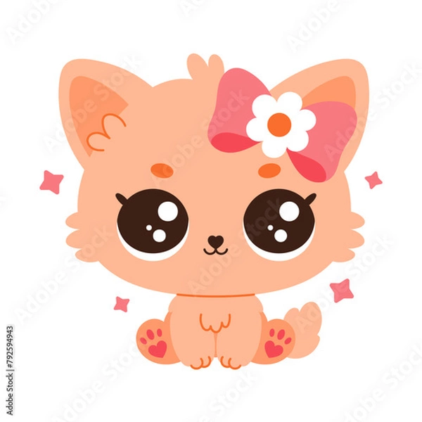 Fototapeta Cartoon kawaii cat or kitten. Cute baby animal. Vector flat illustration isolated on white background. Children's print.