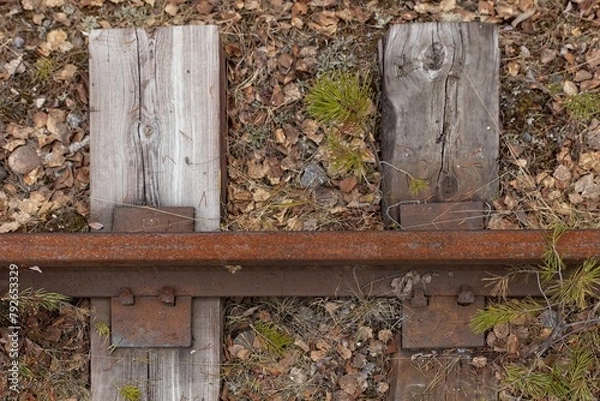 Fototapeta Closeup of old abandoned Salla railroad train tracks from above, Lapland, Finland.