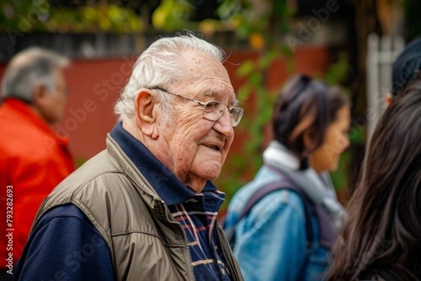 Fototapeta Portrait of an old man with glasses on his face in the street