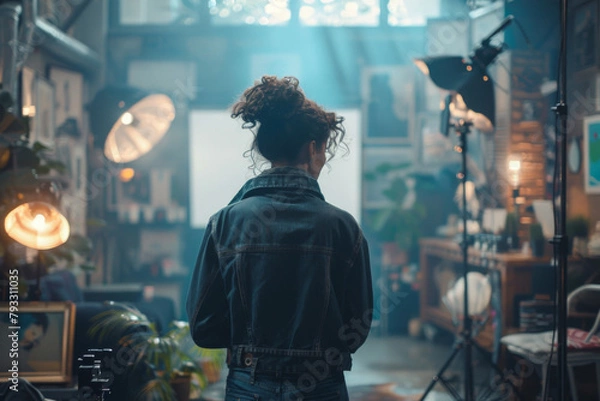 Fototapeta Fashion designer contemplates her studio space, bathed in natural light with a creative and moody atmosphere.