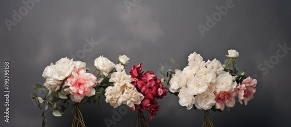 Fototapeta Three vases flowers gray wall