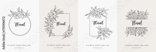 Fototapeta Set of daffodil flower frame logo line art. Botanical round ornament monogram. Floral narcissus wreath, border with branch and leaves. Elegant vintage simple emblem vector illustration