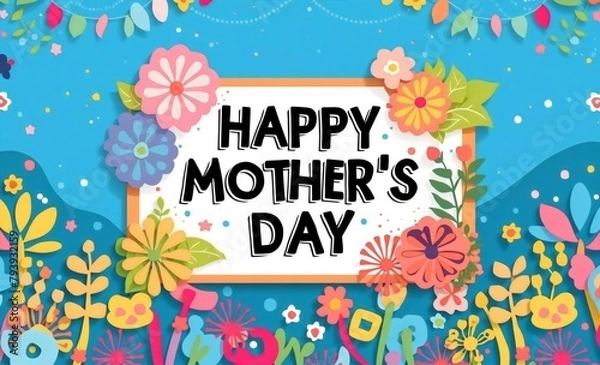 Fototapeta A white-bordered image with blue abstract backdrop featuring happy Mother's Day quotes surrounded by floral designs